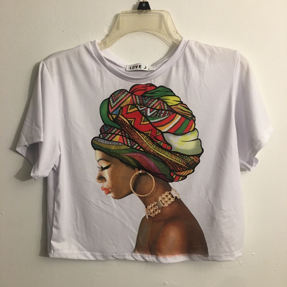 Love J Crop Top Black Woman with Head Scarf Tee: Size Medium